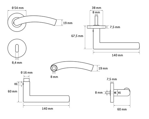Technische tekening van een deurklink met afmetingen