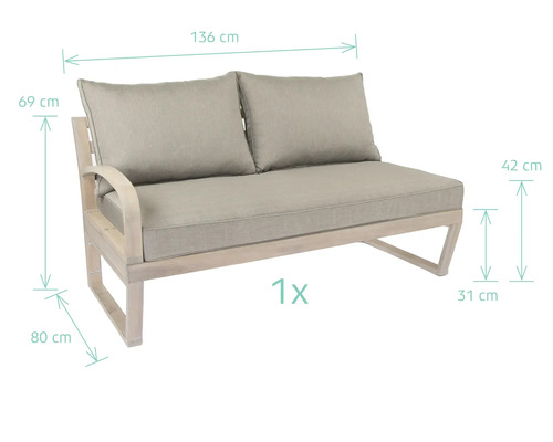 Tuinbank voor twee personen met lichte kussens en maataanduidingen
