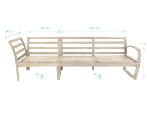 Houten bank met afmetingen 80 cm, 80 cm, 136 cm en 56,5 cm