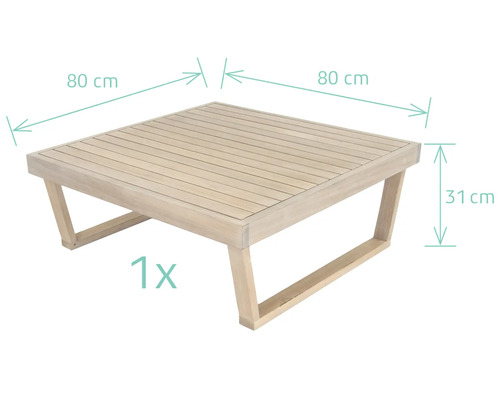 Vierkante houten tuintafel met afmetingen 80 x 80 x 31 cm.