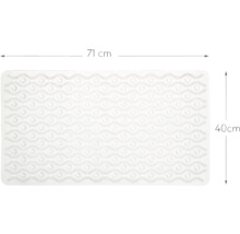 Rechthoekige badmat met een lengte van 71 centimeter en een breedte van 40 centimeter.