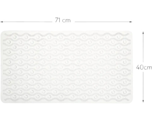 Rechthoekige badmat met een lengte van 71 centimeter en een breedte van 40 centimeter.