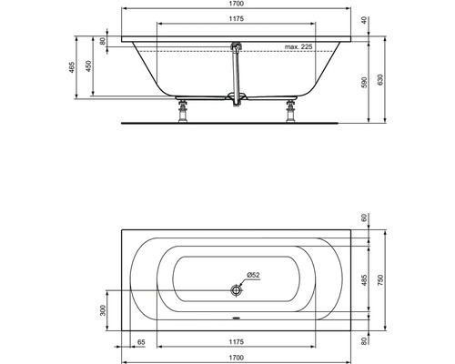 Technische tekening van een ligbad met afmetingen