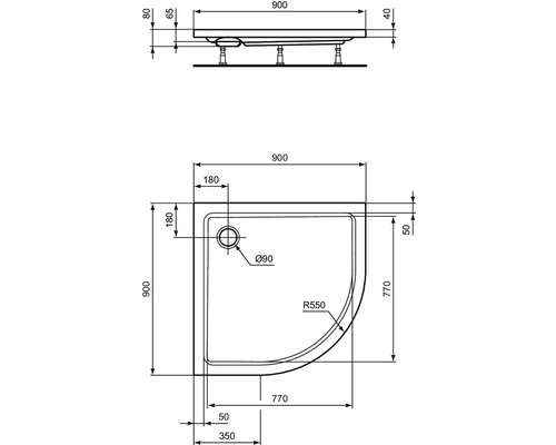 Technische tekening van een douchebak met afmetingen