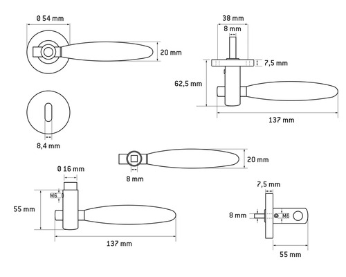Technische tekening van een deurklink met afmetingen