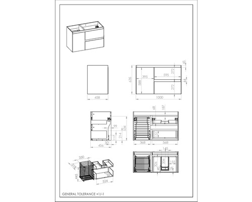 Technische tekening van een badkamermeubelset met afmetingen
