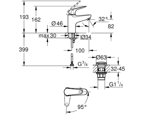 Technische tekening van een kraan met afmetingen