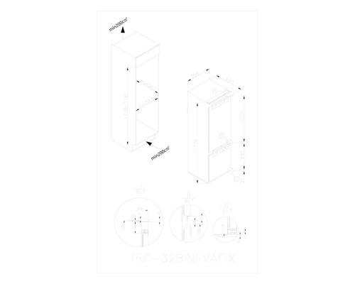 Technische tekening van een koelkast met afmetingen