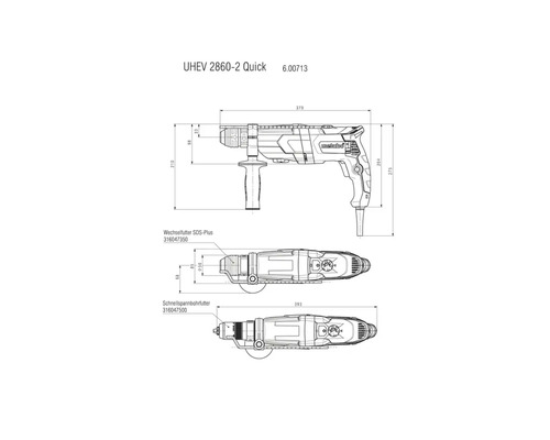 Technische tekening van een Metabo UHEV 2860-2 Quick boormachine met maatvoering