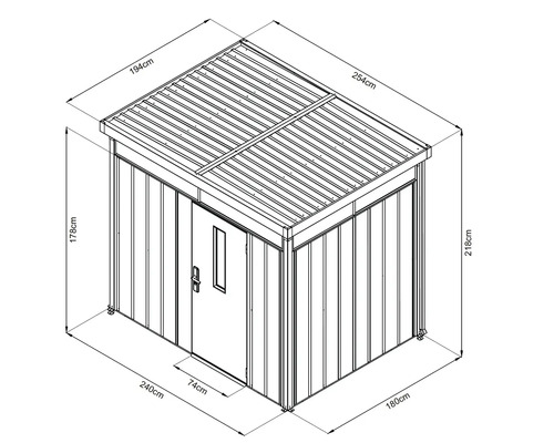 Technische tekening van een tuinhuis met maatvoering