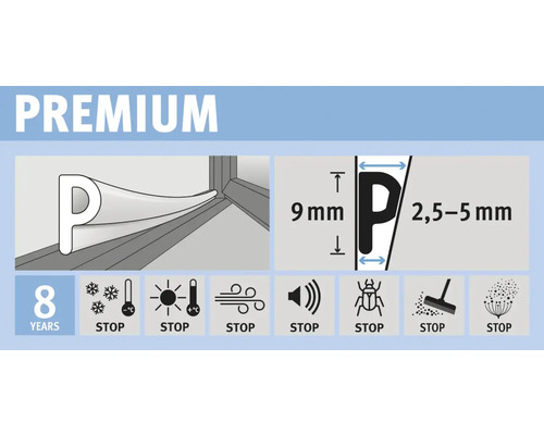 Afbeelding van een P-profiel met de afmetingen 9 mm hoogte en 2,5 tot 5 mm breedte en symbolen voor acht jaar garantie, bescherming tegen kou, warmte, wind, geluid, insecten, stof en pollen