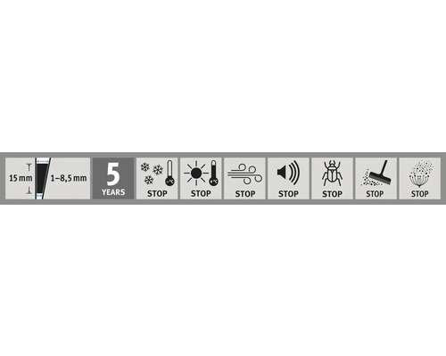 Productkenmerken: 15 millimeter, 1 tot 8,5 millimeter, vijf jaar garantie, stopt kou, hitte, wind, geluid, ongedierte en stof