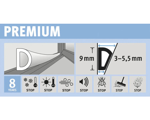 Afdichtingsprofiel met D-vorm, 9 mm hoogte en 3 tot 5,5 mm breedte