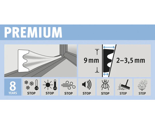 Productafbeelding van een premium afdichting met de afmetingen 9 mm en 2 tot 3,5 mm en een garantie van 8 jaar. Het beschermt tegen kou, warmte, wind, lawaai, ongedierte en vuil.