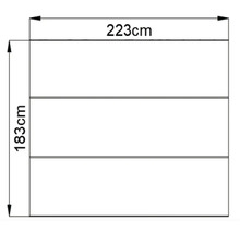 Technische tekening met afmetingen: 223 cm breed en 183 cm hoog.