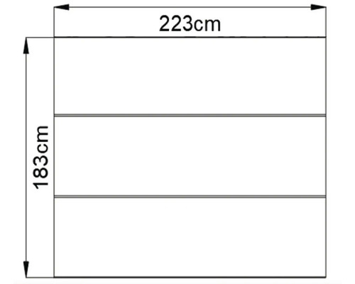 Technische tekening met afmetingen: 223 cm breed en 183 cm hoog.