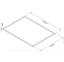 Afbeelding van een rechthoekig houten frame met de afmetingen 230 cm bij 191 cm en een frame dikte van 4 cm.