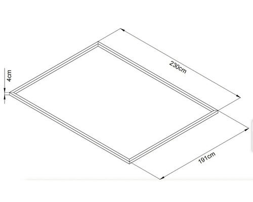 Afbeelding van een rechthoekig houten frame met de afmetingen 230 cm bij 191 cm en een frame dikte van 4 cm.