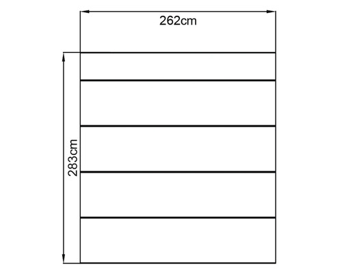 Technische tekening met afmetingen: 262 cm breed en 283 cm hoog