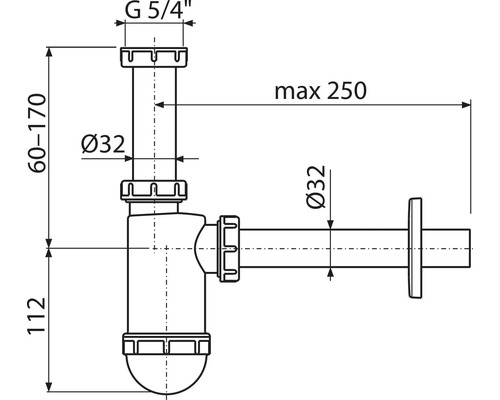 Technische tekening van een sifon met afmetingen