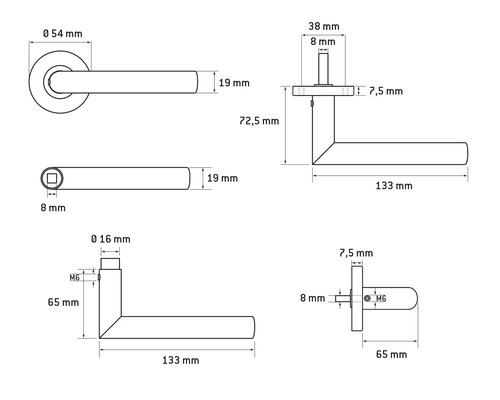 Technische tekening van een deurklink met maatvoering