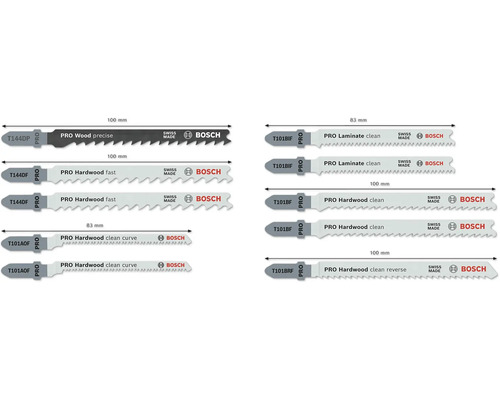 Verschillende Bosch decoupeerzaagbladen voor hout en laminaat in verschillende maten
