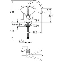 Technische tekening van een kraan met afmetingen