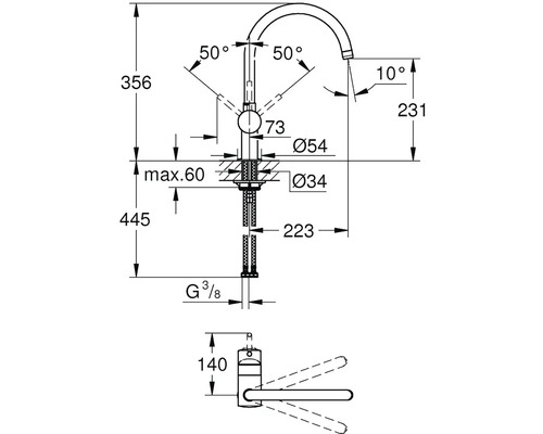 Technische tekening van een kraan met afmetingen