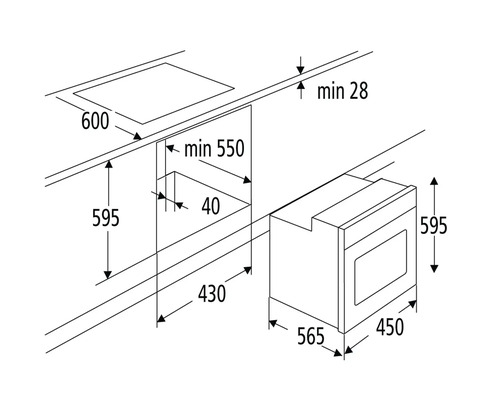 Schets met inbouwafmetingen voor een kookplaat en een oven