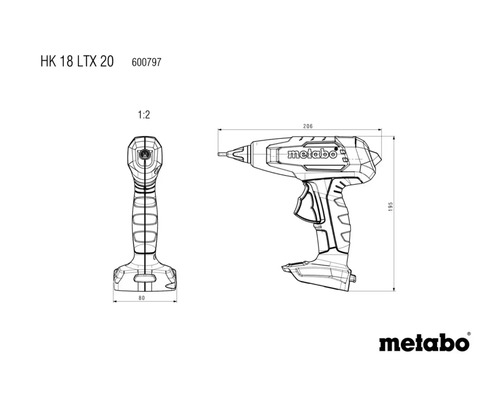 Technische tekening van het Metabo HK 18 LTX 20 accukitpistool met afmetingen