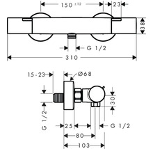 Technische tekening van een kraan met maatvoering