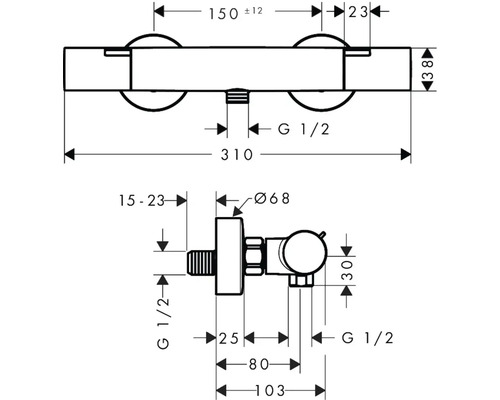 Technische tekening van een kraan met maatvoering