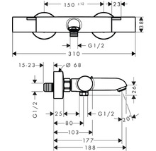 Technische tekening van een waterkraan met afmetingen