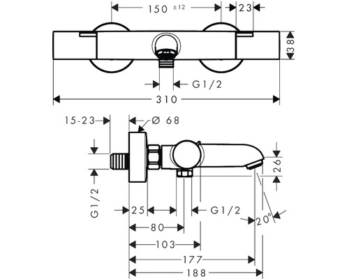Technische tekening van een waterkraan met afmetingen
