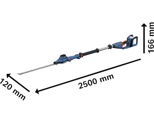 Afbeelding van een heggenschaar met de afmetingen 2500 mm lengte, 120 mm breedte en 166 mm hoogte.