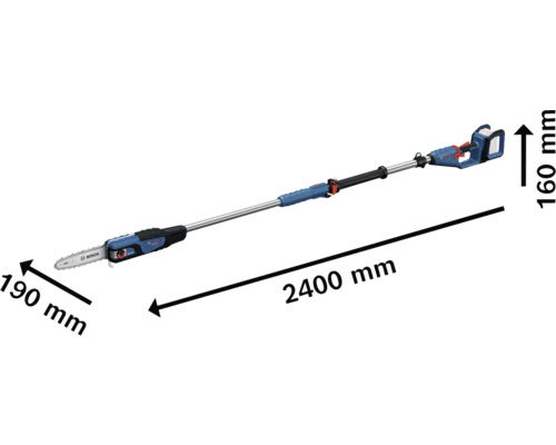 Bosch snoeizaag met de afmetingen 190 mm, 160 mm en 2400 mm.