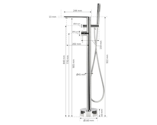 Maattekening van een vrijstaande badkraan met handdouche, met afmetingen van 922 mm hoogte, 244 mm uitloop en 160 mm diameter van de voet.
