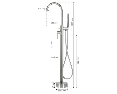 Technische tekening van een vrijstaande badkraan met handdouche en afmetingen