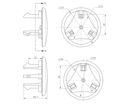 Technische tekening van een meubelverbinder met afmetingen