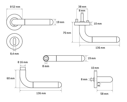 Technische tekening van een deurklink met maatvoering