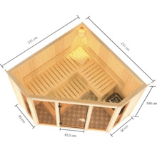 Bovenaanzicht van een houten hoeksauna met afmetingen van 231 cm bij 231 cm