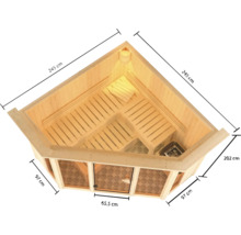 Hoeksauna van hout met deur en banken, afmetingen 245 x 245 x 202 cm