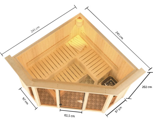 Hoeksauna van hout met deur en banken, afmetingen 245 x 245 x 202 cm