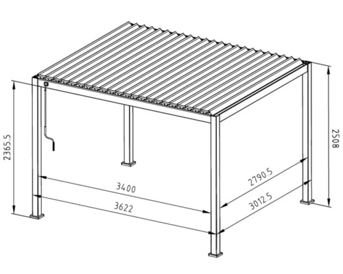 Technische tekening van een terrasoverkapping met afmetingen