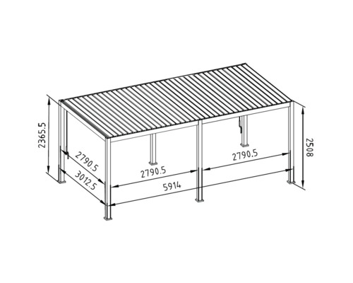Technische tekening van een vrijstaande pergola met afmetingen