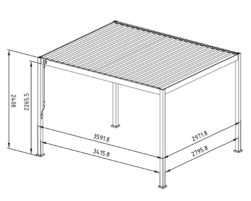 Technische tekening van een tuinpergola met afmetingen
