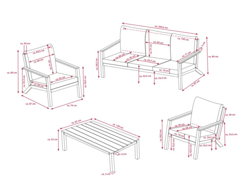 Maattekening van een tuinmeubelset met bank, stoelen en tafel met afmetingen
