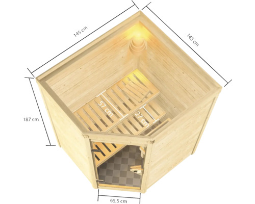 Bovenaanzicht van een hoeksauna van hout met maatvoering