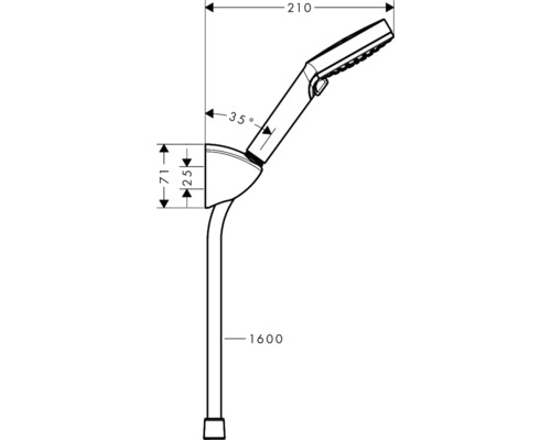 Technische tekening van een douchestang met handdouche en maatvoering.