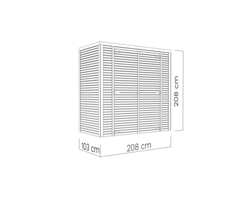 Afbeelding van een tuinhuis met afmetingen van 208 x 208 x 103 centimeter.